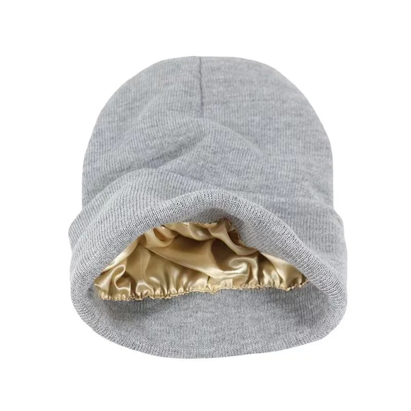 Winter Silk Satin Lined Beanie Hat Cuffed Plain Custom Logo Label Warm Knitted Winter Hats Beanies for Women Men