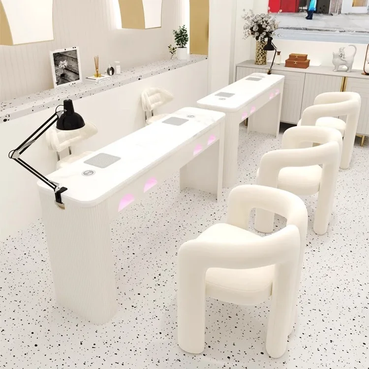 Foshan full white double seater wood manicure table modern luxury prosthetic nail tables with lamp and dust collector
