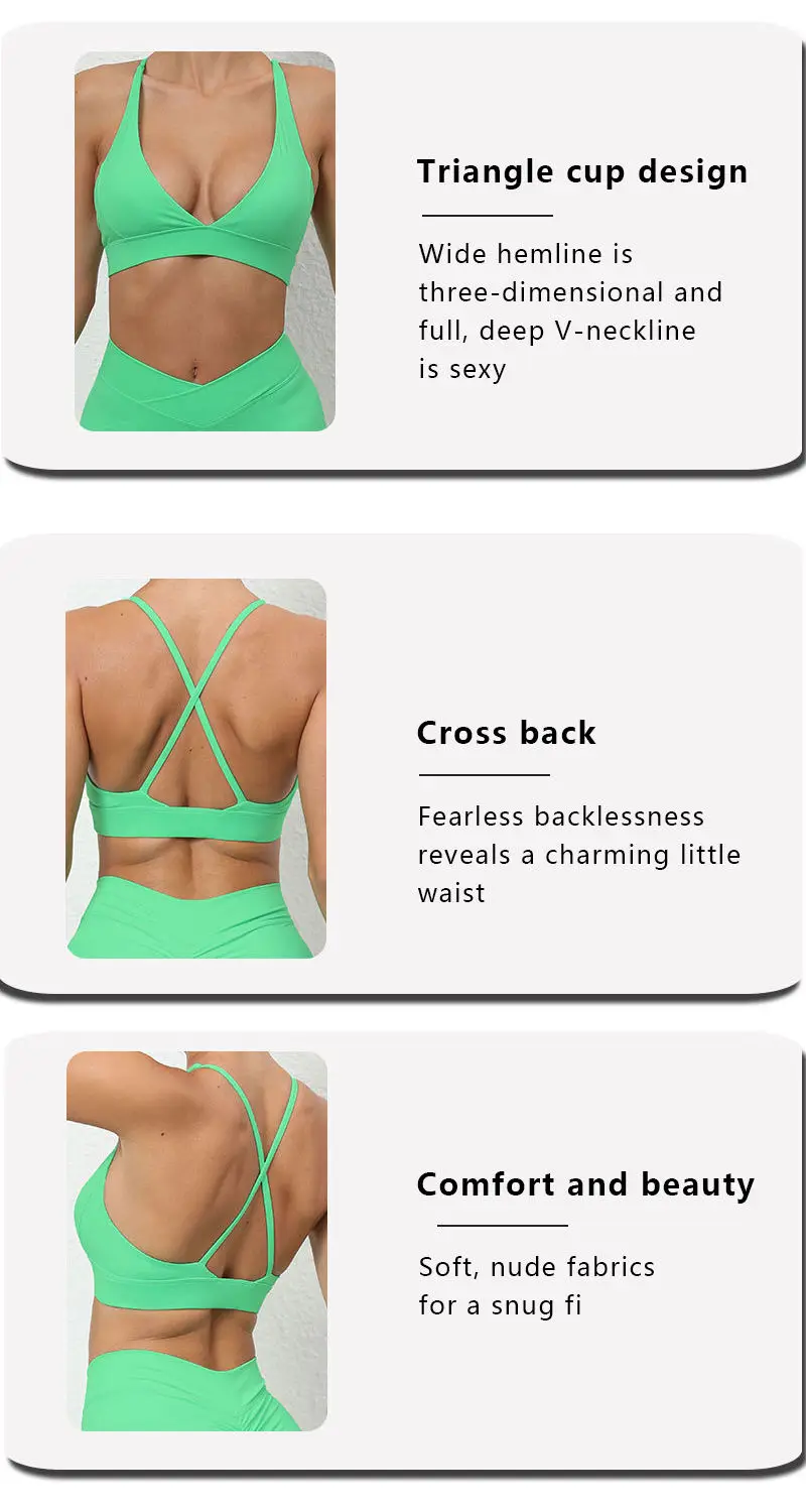 High Quality Custom LOGO V Cut Open Back Sexy Cross Design High Support Yoga Fitness Sports Bra Running Active Clothing