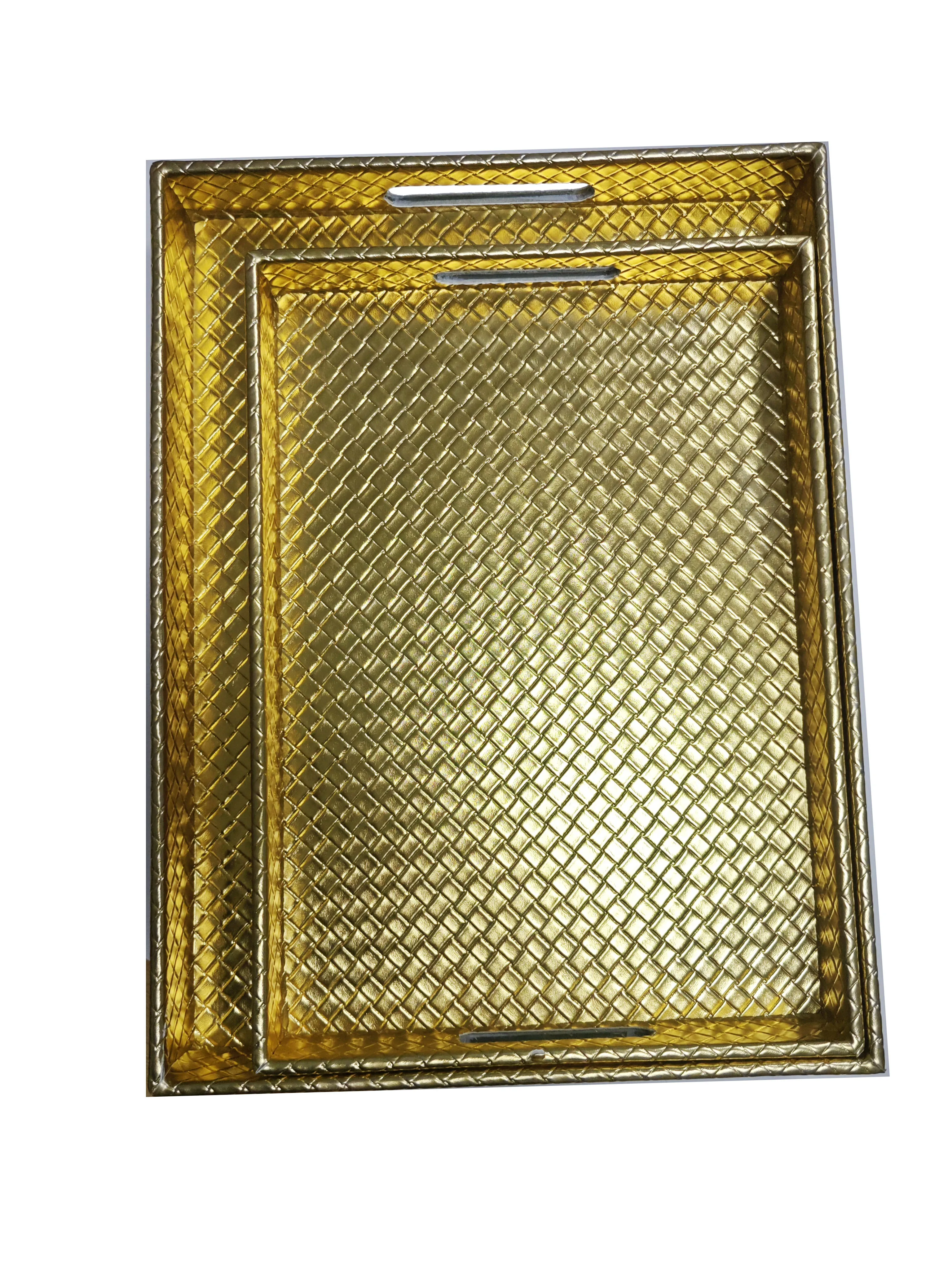 Hot Selling Yellow Gold Leather Texture Braided Plastic Tray for Wedding/party Event Decoration