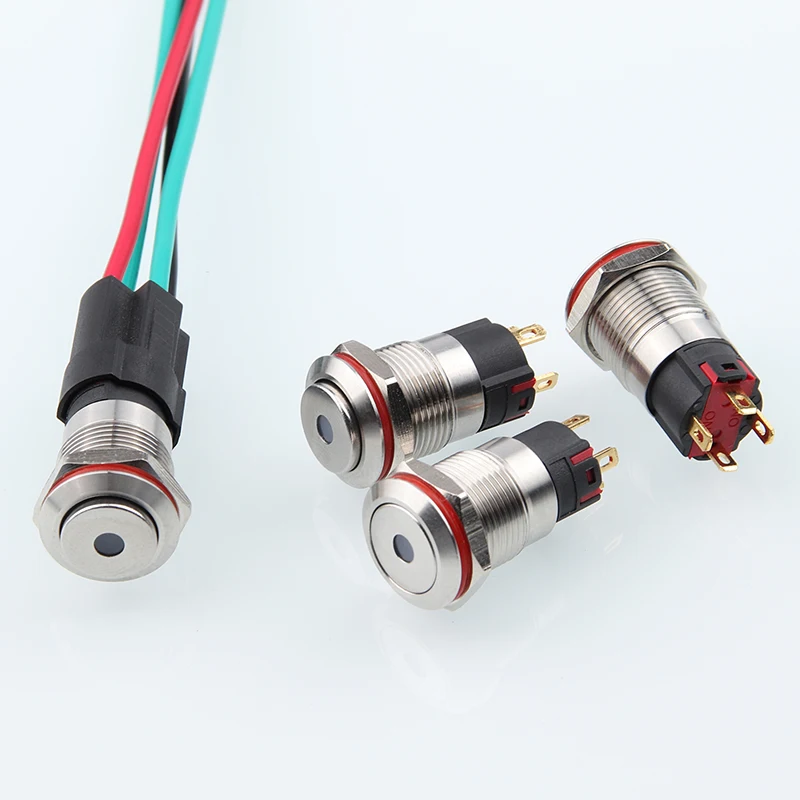 Светящийся Металлический кнопочный переключатель из нержавеющей стали с осветительным центром, с отверстием 12 мм и плоской головкой