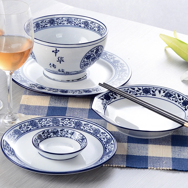 Chinese Blue And White Porcelain Banquet Dinnerware Sets Antique Pattern Ceramic Dinner Plate Set