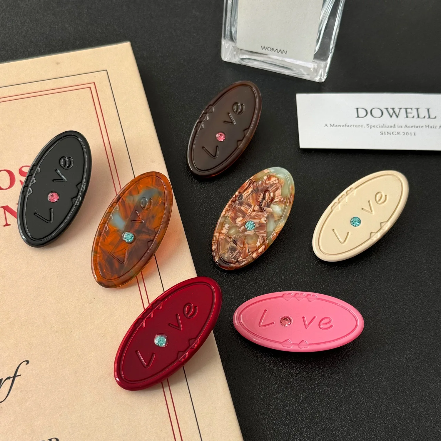 2024 New Korean Cute LOVE Rhinestone Girl Child Hair Accessories Duckbill Cellulose Acetate Hair Clip Wholesale