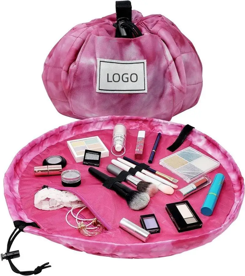 Custom polyester waterproof travel lazy storage drawstring makeup bag custom size color portable large capacity makeup bag