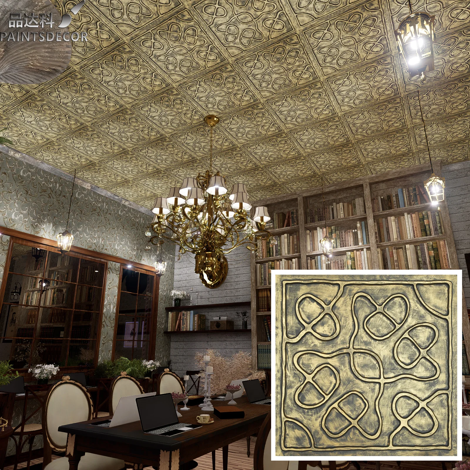 Paint metallic finish interior roof Ceil tiles Emboss interior wall panel Easy to Install PVC Panels PL28 Ancient gold