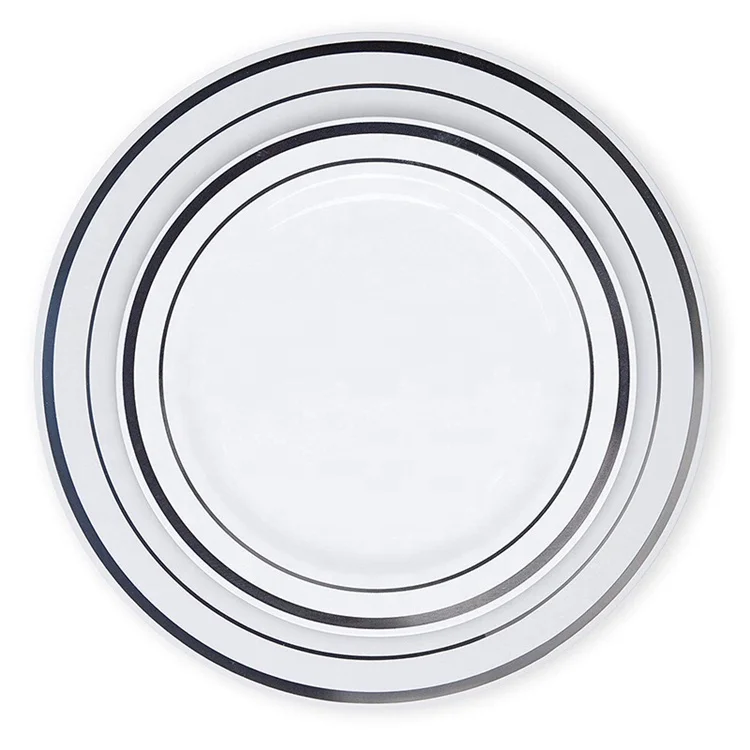 Cheap silver rim white disposable plastic plate in wholesale