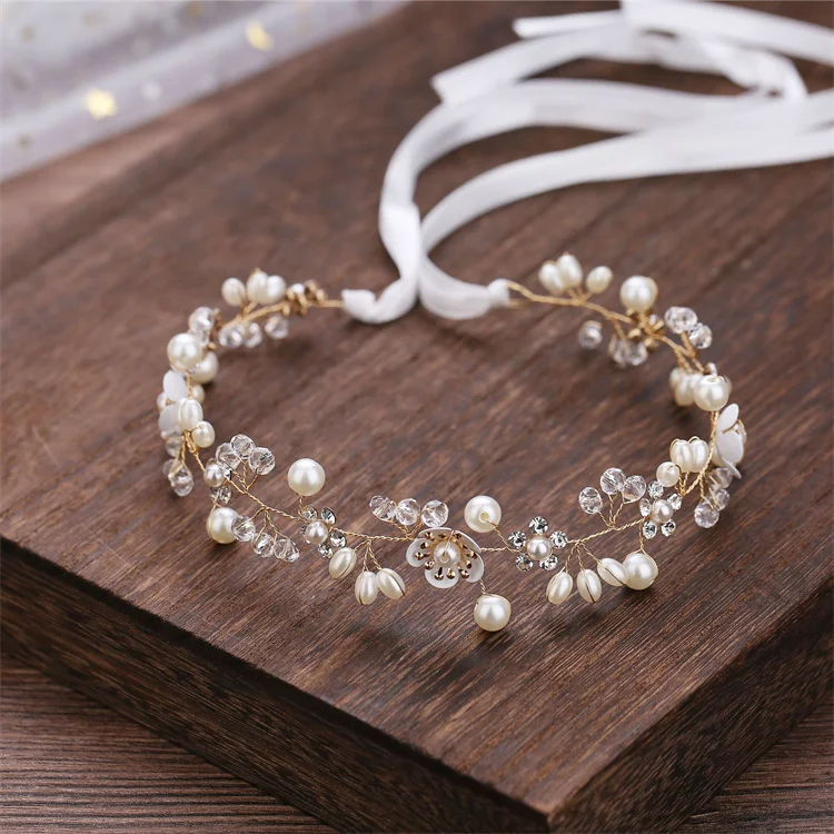 Women Adjustable Alloy Pearls Wedding Wreath Bridal Crown Headband Flower Garland Hairband