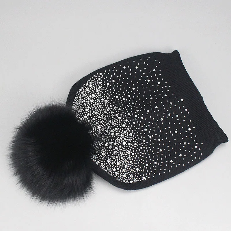 Оптовая продажа с фабрики женские вязаные Мягкие Шапки шапки из лисьего меха зимние помпонами
