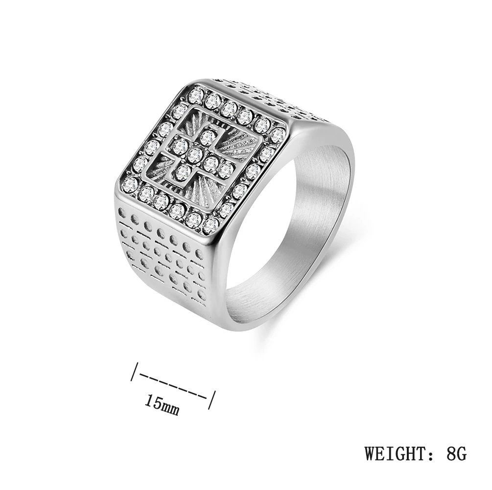 15mm Titanium Steel Ring Silver Gold Light Luxury Cross Square Full Diamond Stainless Steel Ring finger rings 745