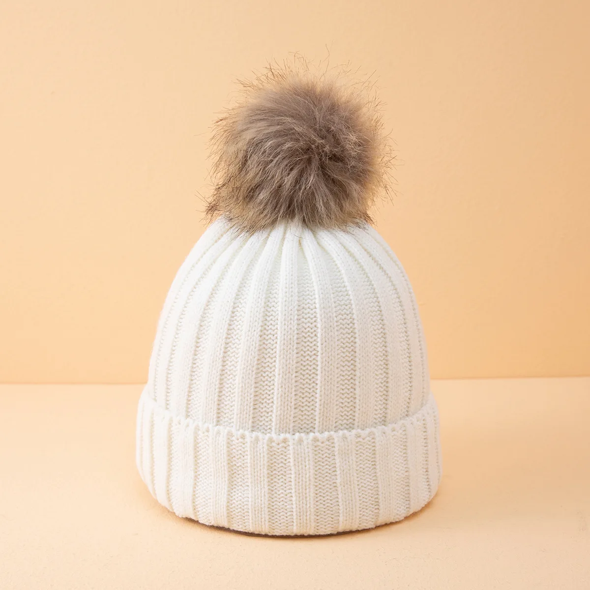 HZM-60970 Womens Winter Knitted Beanie Hat with Faux Fur Pom Beanie Warm Knit Skull Cap Beanie for Women