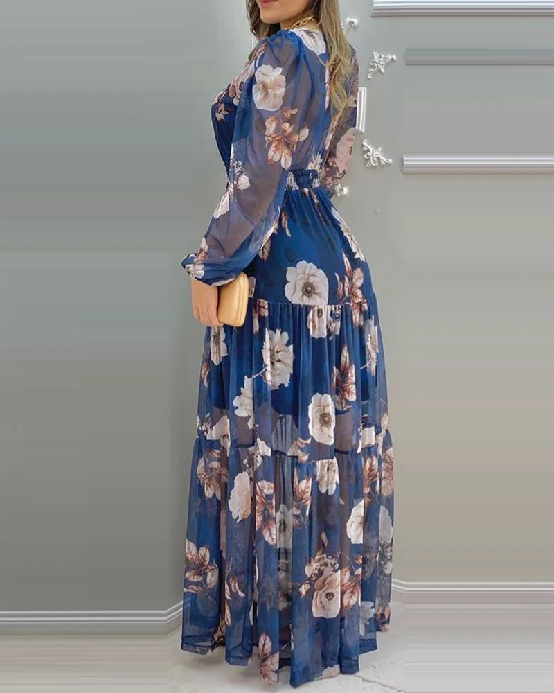 2023 New Arrival Fashion Chiffon Floral Dress Casual V Neck Mesh Print Maxi Dresses Women Elegant Long Dress