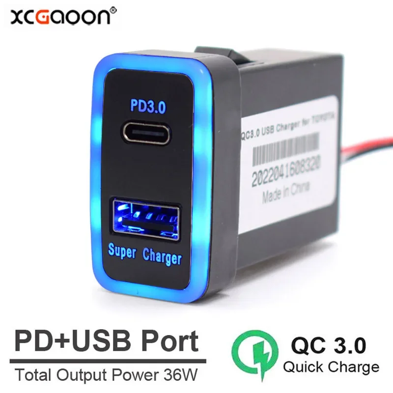 PD3.0 Type-C USB QC3.0 Car Charger Adapter for TOYOTA With Blue Backlight