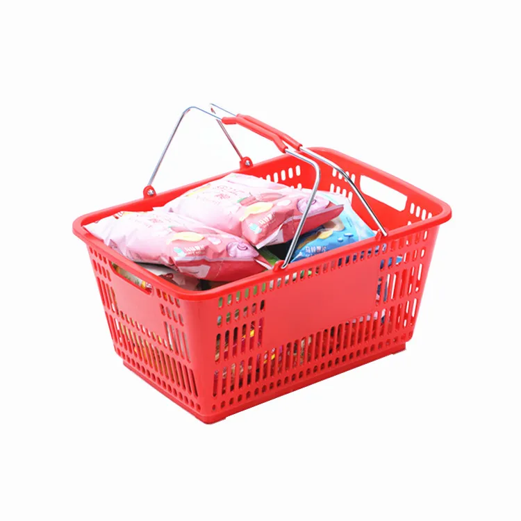 Manufacturer hot sale cheap Licai 28L market and store plastic grocery shopping hand basket with double metal handles for sale