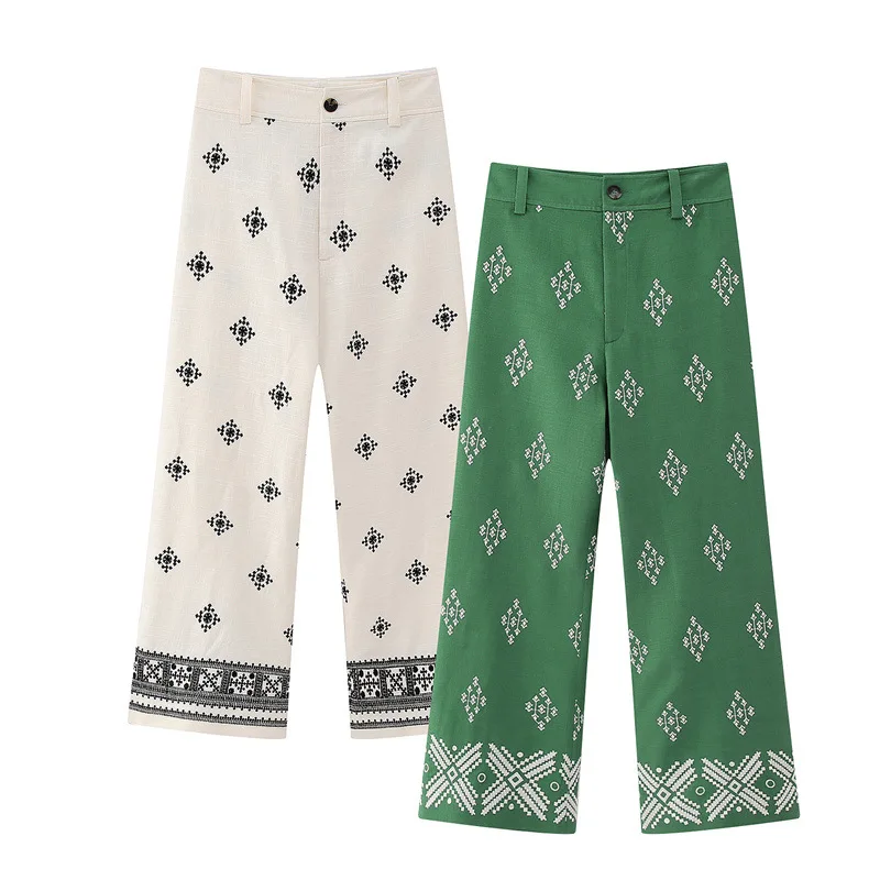 2023 Spring New Vintage Contrast Wide Leg Trousers Relaxed Casual White Print Linen High Waist Wide Leg Pants Women Summer