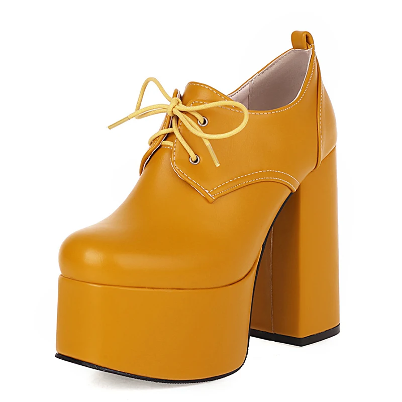 Autumn Women High Heels Thick Platform Oxford Pumps Office Ladies Weddings Party Dress Lace Up Female PU Leather Shoes Plus Size