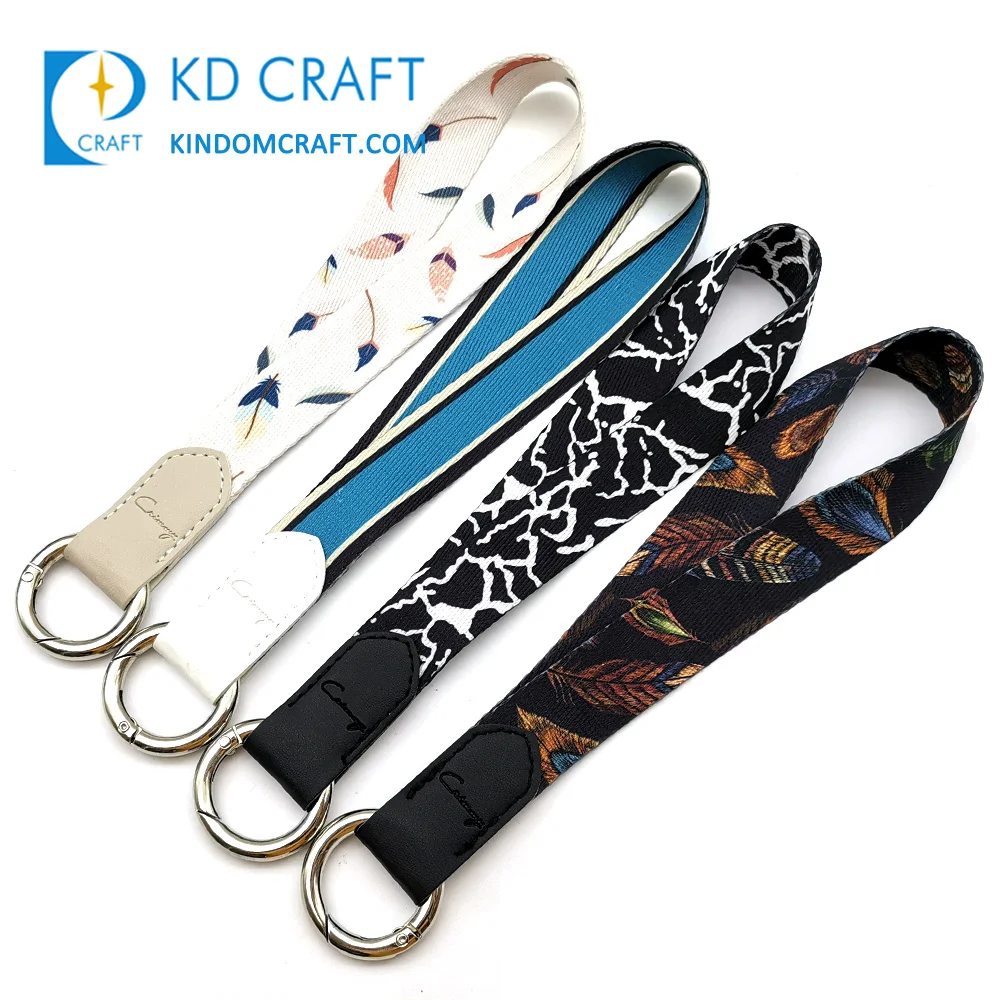 High quality no minimum custom logo printing polyester climbing hook wrist strap short carabiner lanyard keychain