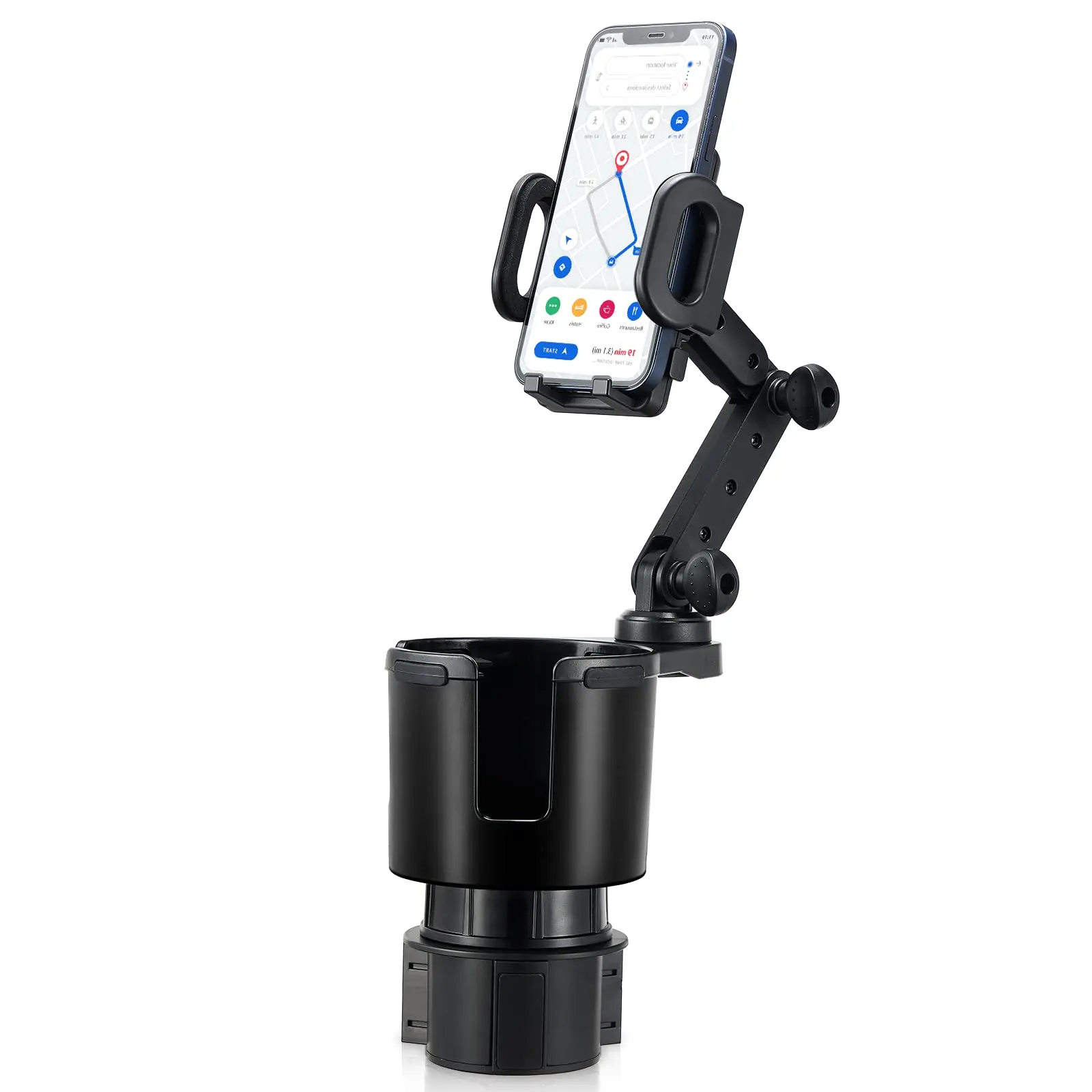 2-in-1 Cup Holder and Cell Phone Holder - with 360° rotating stand and adjustable base for all iPhone models and smartphones