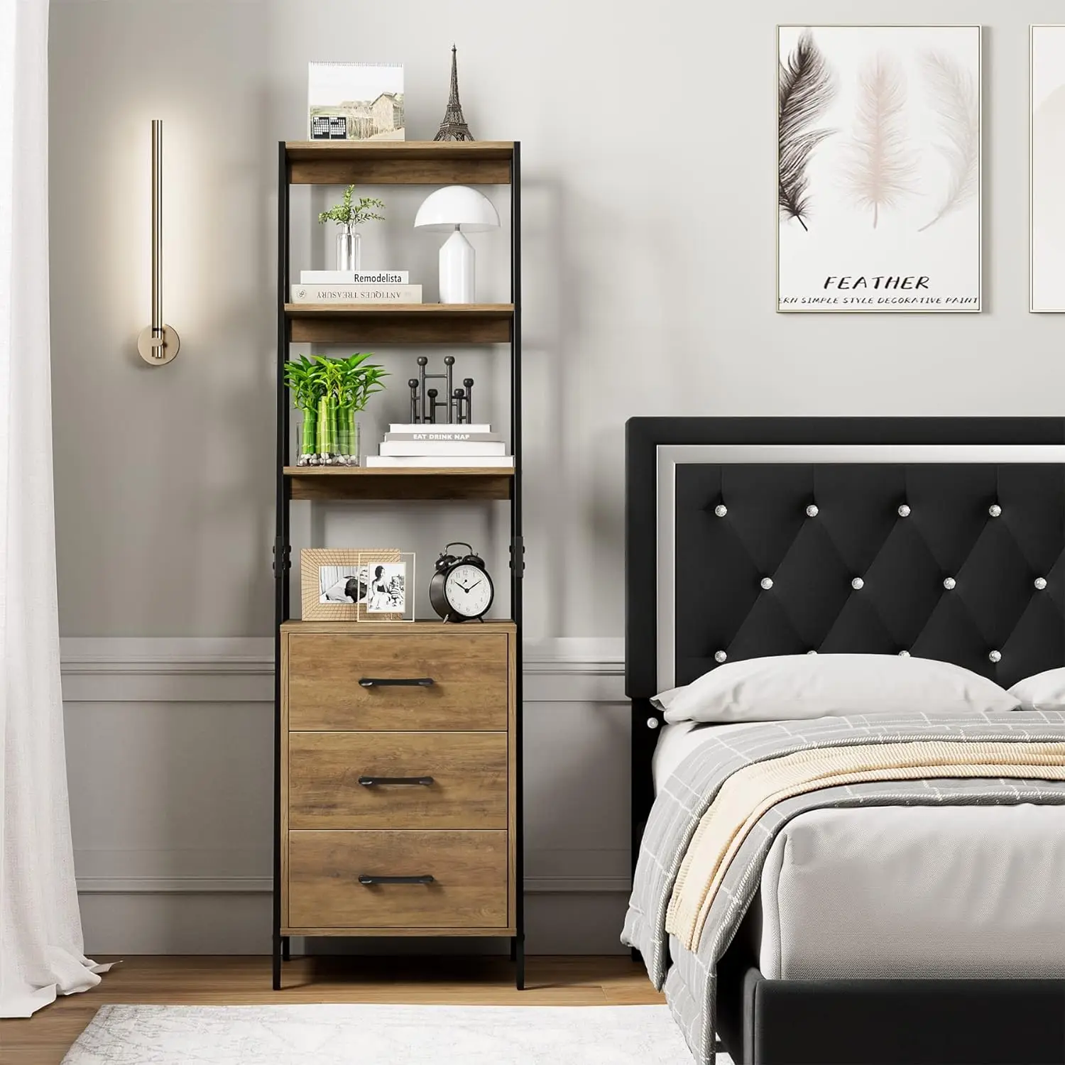 4 Tier Bookcase High Bookcase with 3 Wooden Drawers Modern Bookcase Storage Box for Living Room Hallway Office Rustic Brown