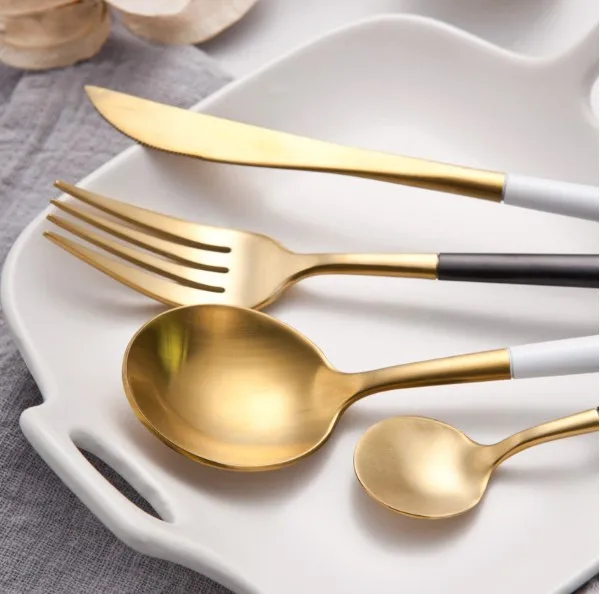 
Flatware manufacturer custom logo hotel wedding 304 Portuguese pink round handle matte gold stainless steel cutlery set 