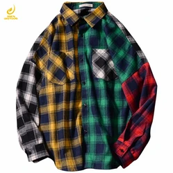 2023 Spring new big sizes drop shoulders Loose casual plaid long sleeve shirt Colorblock flannel checked shirt