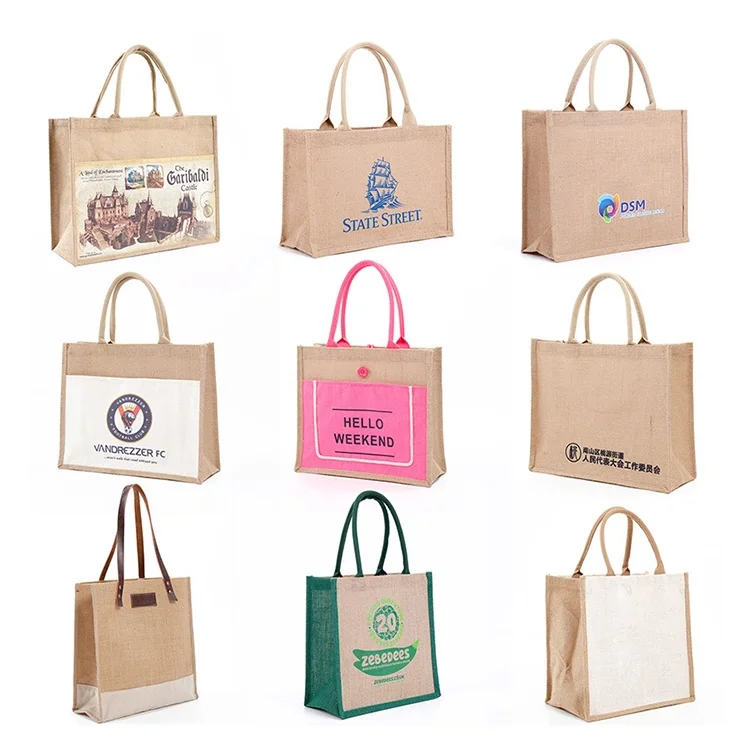 Wholesale Plain Hessian Shopper Bag Custom Printed Large Natural Eco Friendly Burlap Jute Shopping Tote Beach Bag With Logos
