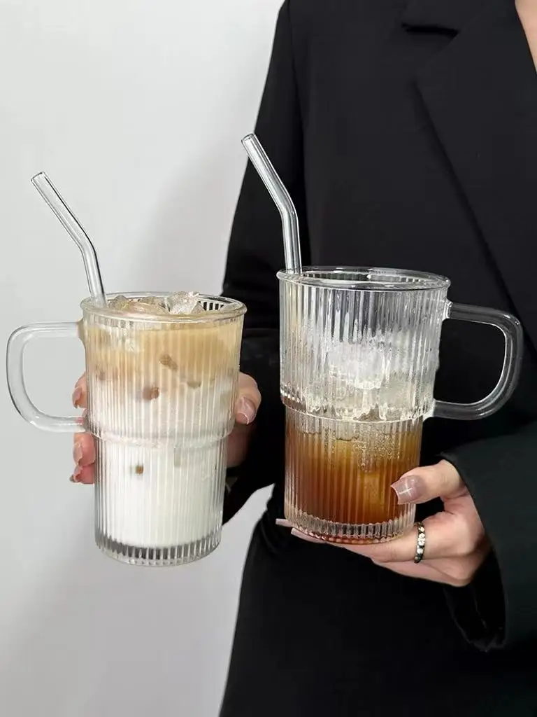 Wholesale Ribbed Simple Vertical Stripe Glass Ice Coffee Tea Milk Mug Custom Coffee Mugs