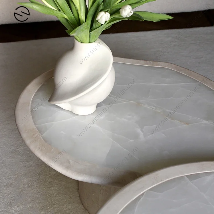 Round Large Modern Nordic Living Room Cloud Travertine Basic Glossy White Onyx Coffee Table Nested Marble
