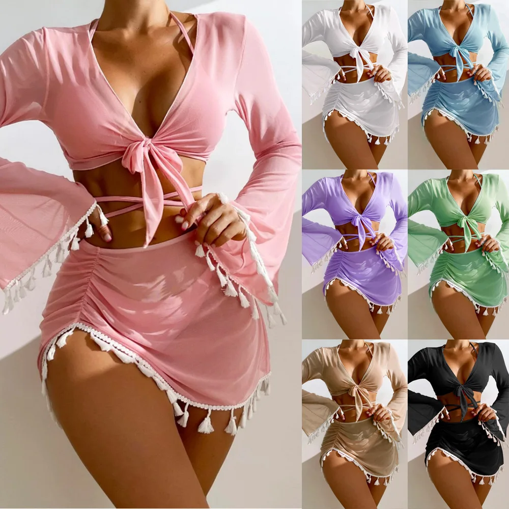 Hot Selling Custom Logo mesh cover up lace up 4 Pieces Bathing Suits Beachwear Long Sleeve TOP Beach Skirt Bikini Set Swimsuit