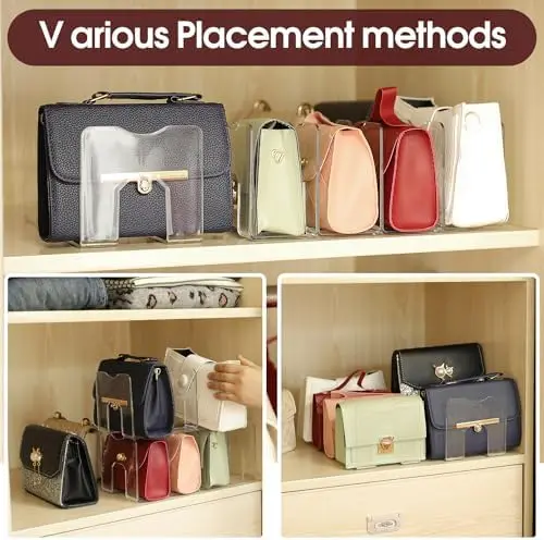 Clear Plastic Closet Organizer for Purse and Handbag Desk File Sorter with 4 Storage Shelves and Dividers Display Rack