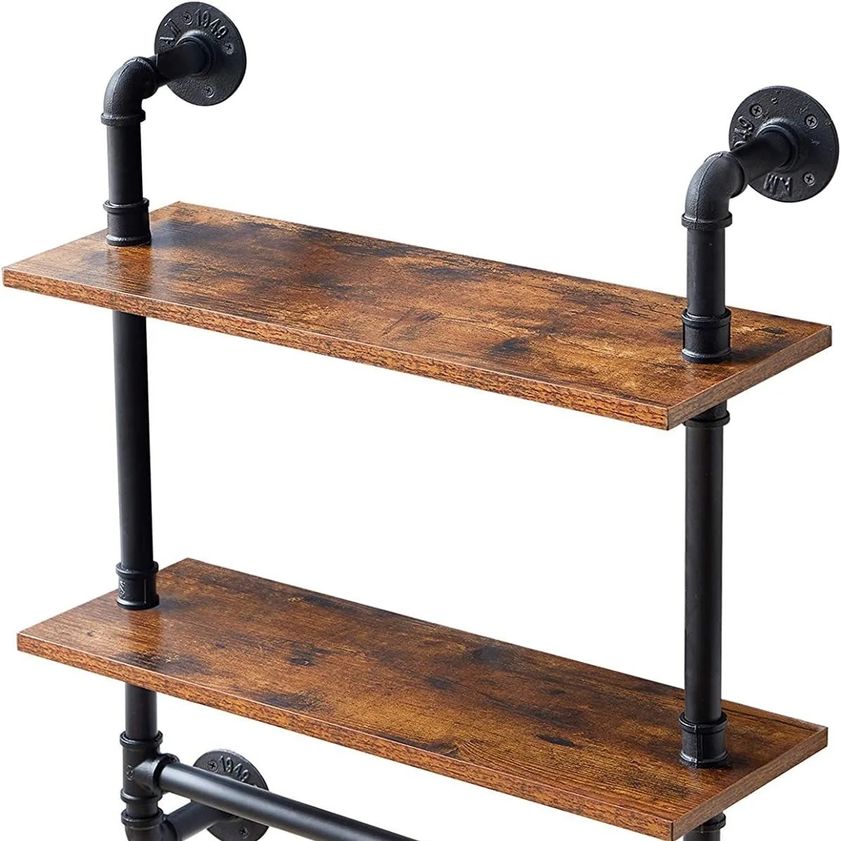 2 Tiers Industrial Matte Black Pipe Floating Shelves with Towel Bar, 24 Inch Farmhouse Vintage Style Shelf for Bathroom