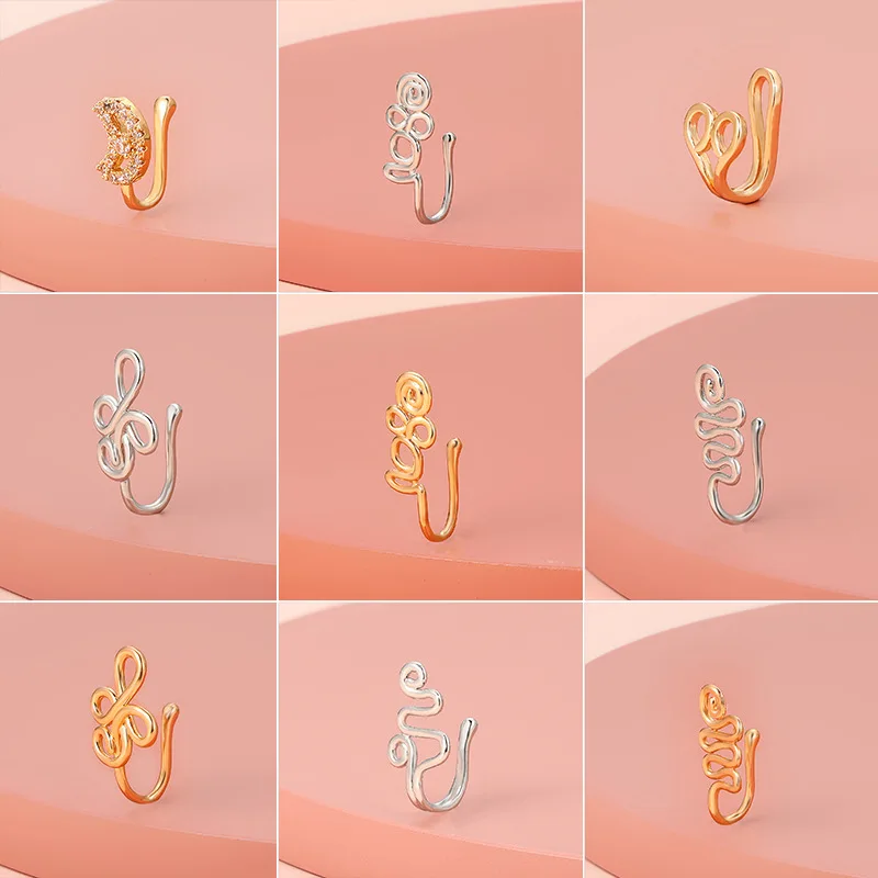 Single Golden Silver Perforated U-shaped Nose Clip Copper Zircon Star Heart Crown  Piercing Nose Cuff Clip Non Porous