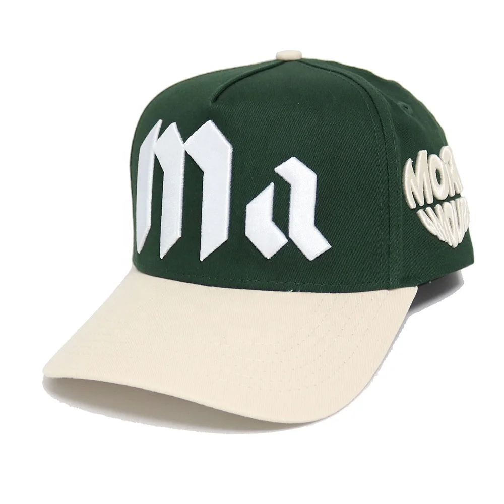 factory  two Tone hat forest green and beige customize 3D embroidery side back flat embroidery snapback curved brim hat
