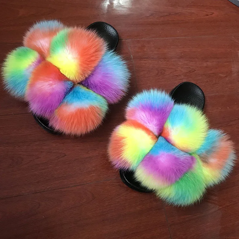 Real Fox Fur summer wear Slippers faux fur slide sandals Custom Fashion Fur Slides for Women