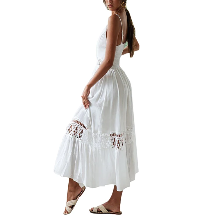 
Custom Women Summer Dress 100% Cotton Fashion Hollow Out Spaghetti Straps Midi Boho Beach Casual Dress 