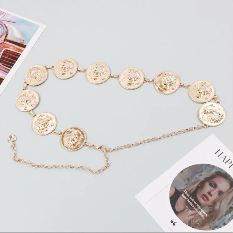 Summer new metal portrait gold coin waist chain for Women girl