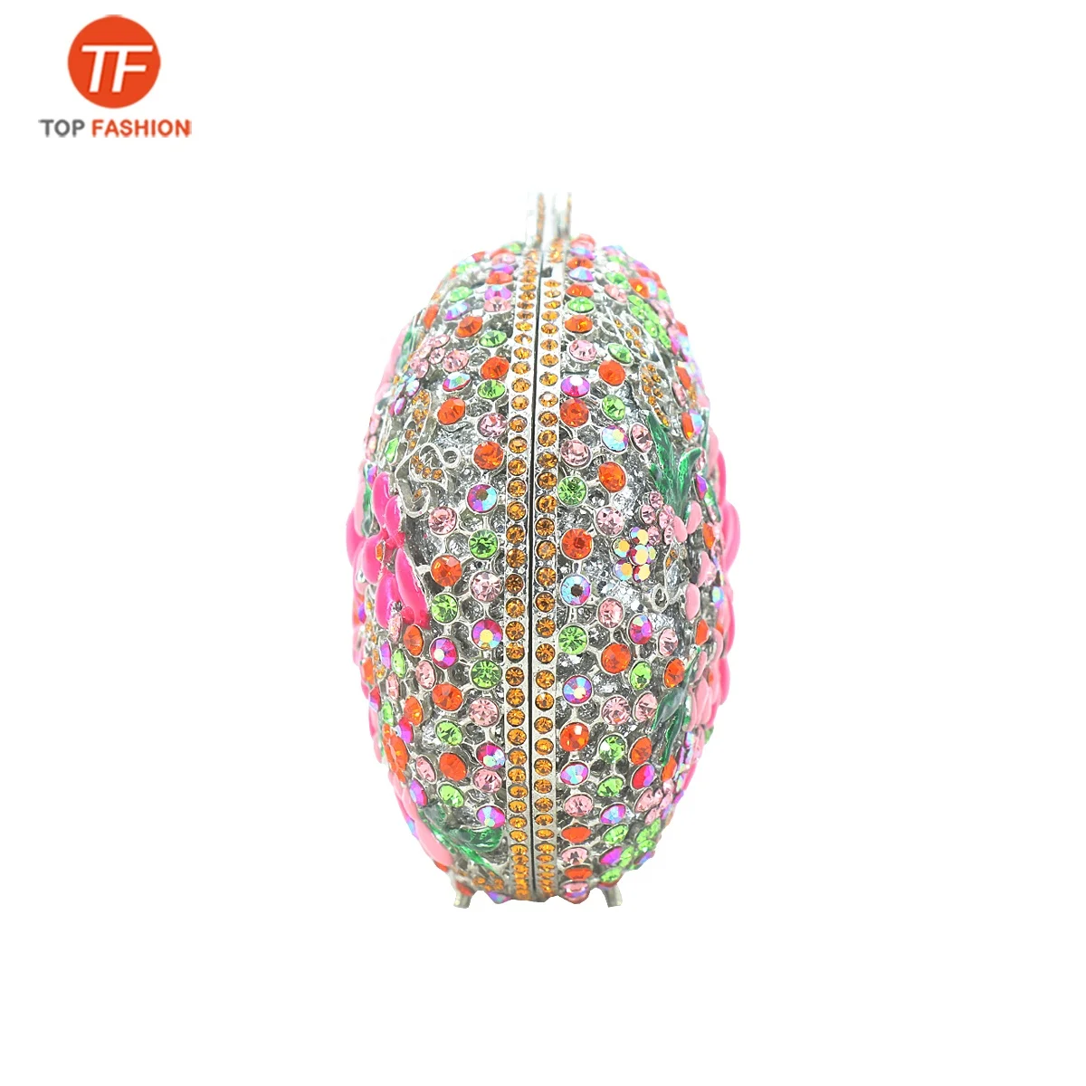 China Factory Wholesales Crystal Rhinestone Clutch Bag for Formal Party Diamante Enamel Flower Oval Minaudere Women Evening Bag