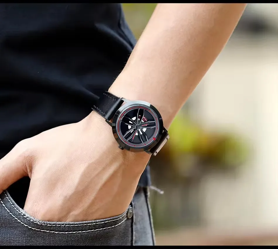 Sanda Rotating Car Wheel Dial Sports Watch Quartz Wristwatch Men Stainless Steel Case Leather Band Watch Relogio Masculino 1010