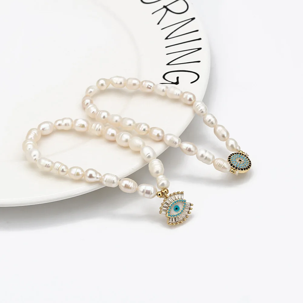 Natural Freshwater Pearl  Turkish Blue Evil Eye Bracelets Bangle With Cubic Zirconium For Women Charms Jewelry Making