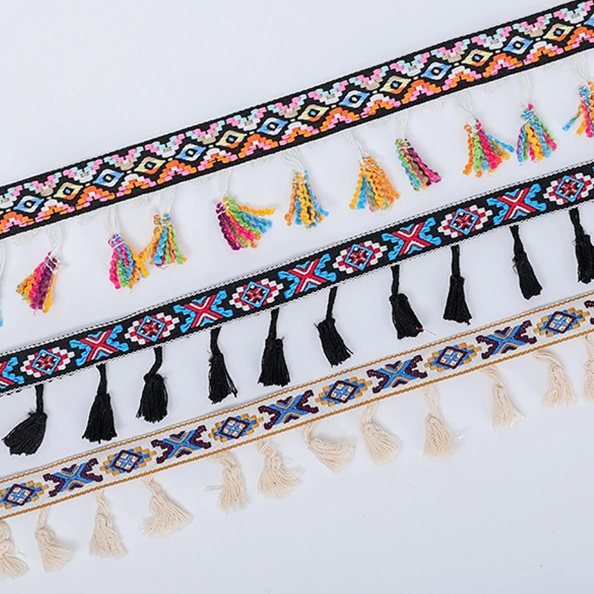 Eco-Friendly jacquard ribbon Design pom pom lace Decorative Tassel fringe lace