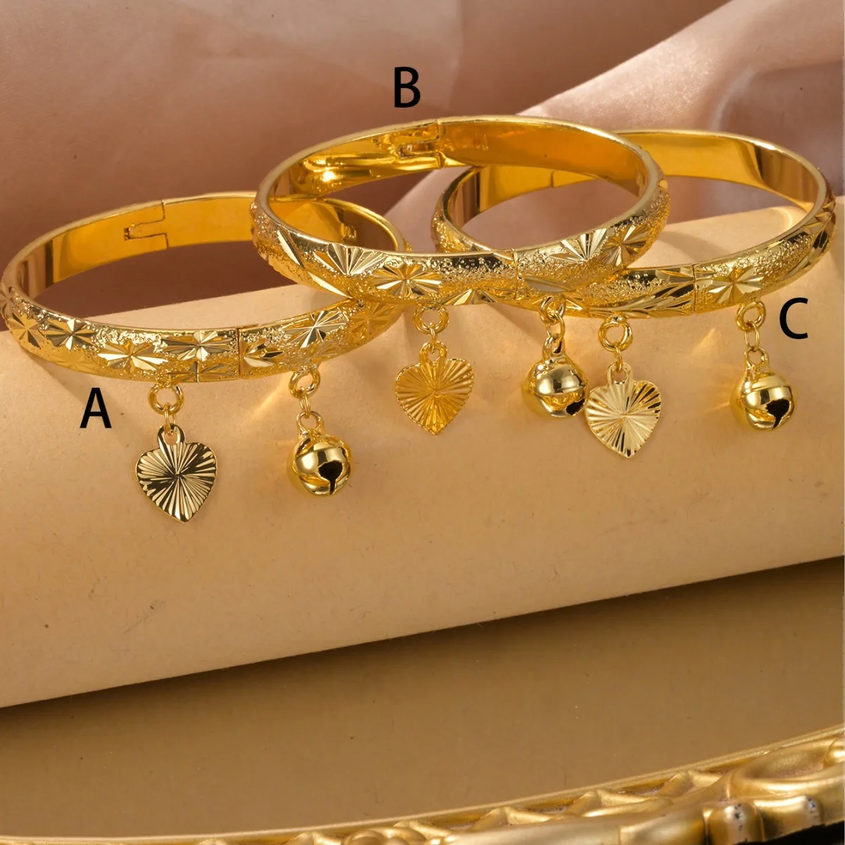 Trendy Frosted Clasp Bangles for Full Moon Baby 18K Gold Plated Copper Full Star Snowflake Placer Gold Love Heart Bell Bangles