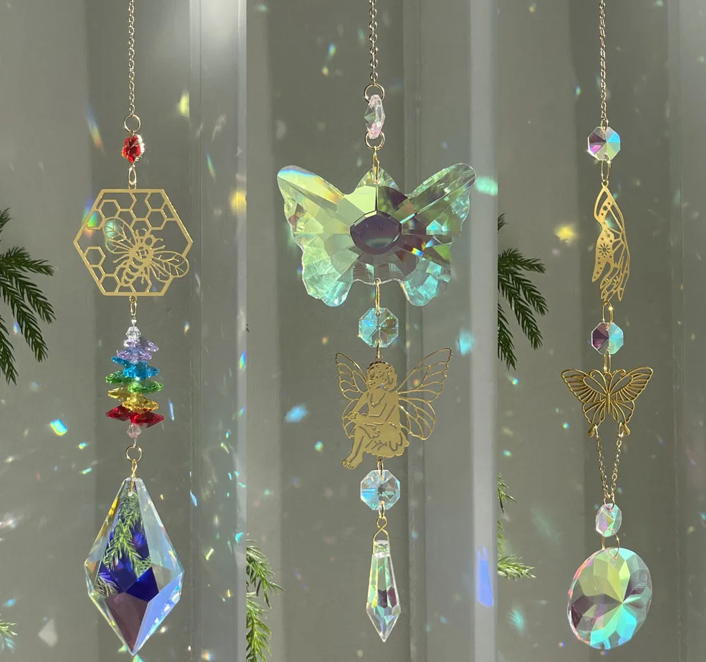 wholesale crystal decor and suncatchers outdoor decoration large crystal butterfly bee angel wind chime home decor sun catcher