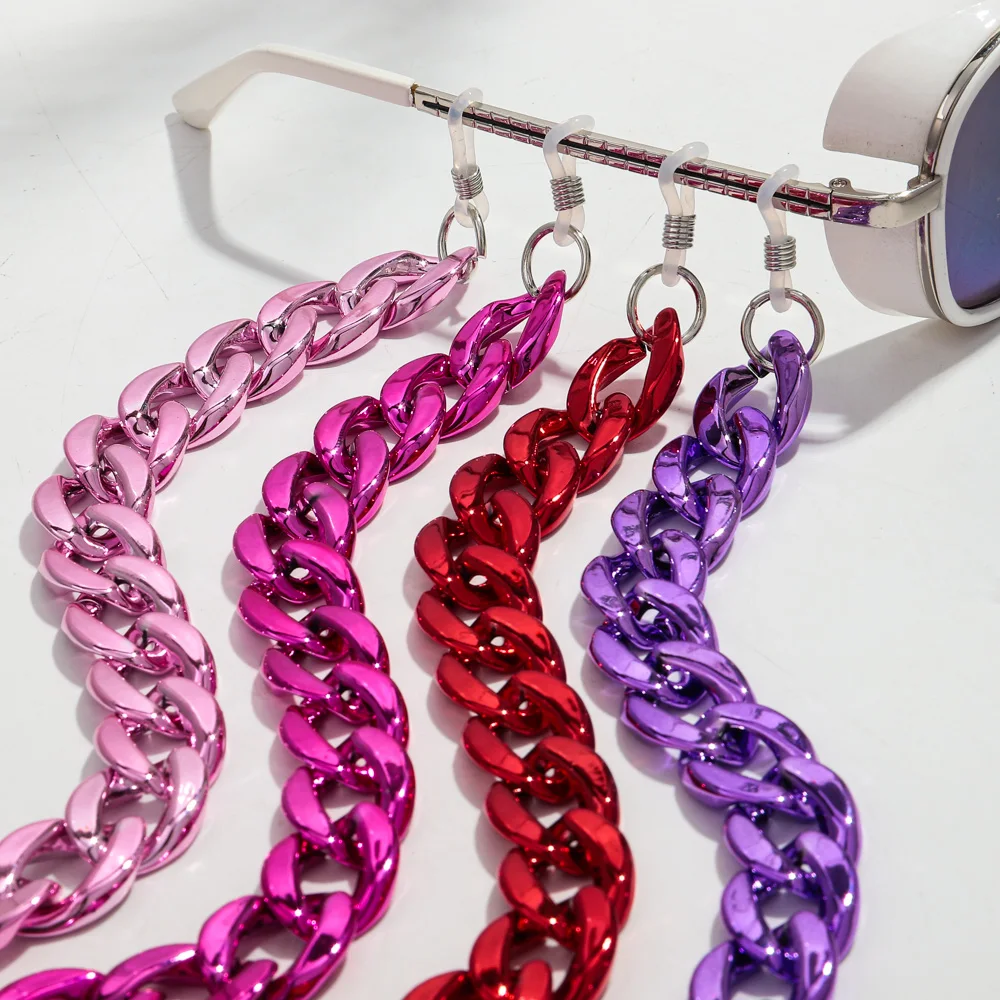 High Quality 2024 Shiny Hip Hop Metal Color Plated Chain 70cm Sunglasses Chain Acrylic Eyewear Accessories