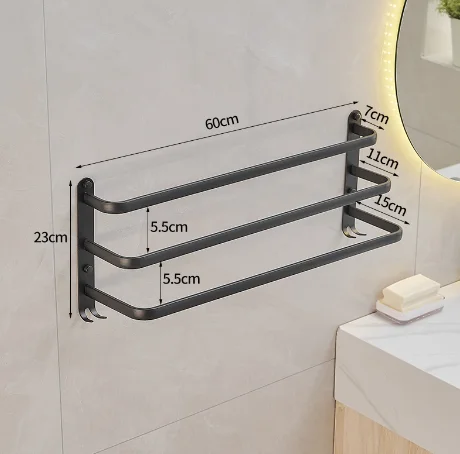 Fashion Black Bathroom Aluminum Towel Rail Wall Mount 3 Layer Towel Rail Storage Towel Rail