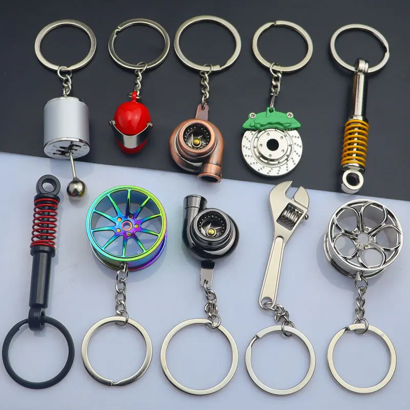 Creative gift Mini metal car parts keychain turbo gear hub Keyring brake disc shock absorber shifter Pendant Auto Part Key chain