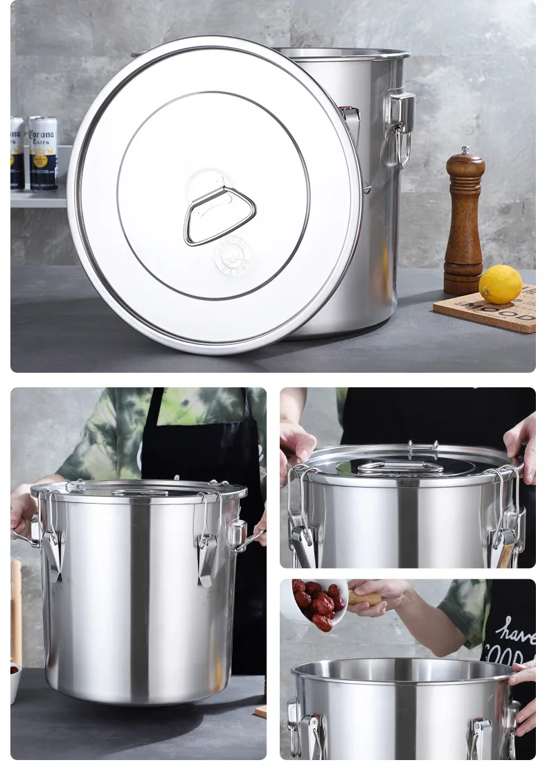 FTS Metal Stainless Steel Oil Barrel Water Rice Food Grade Insulation Buckets Wholesale Lid Soup Bucket