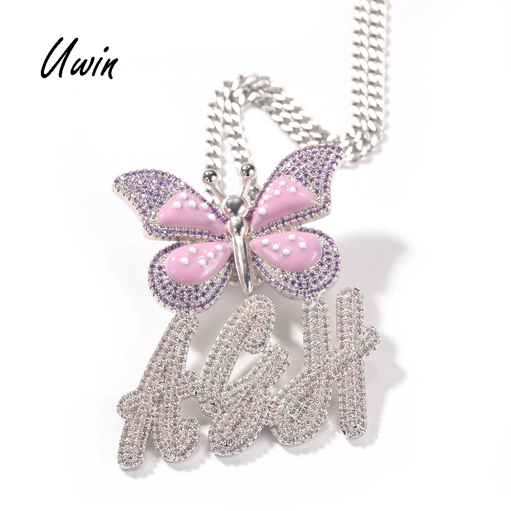 New Arrival Butterfly Initial Name Letter Customized Pendant CZ Name Plate  Necklace Women Rapper Jewelries