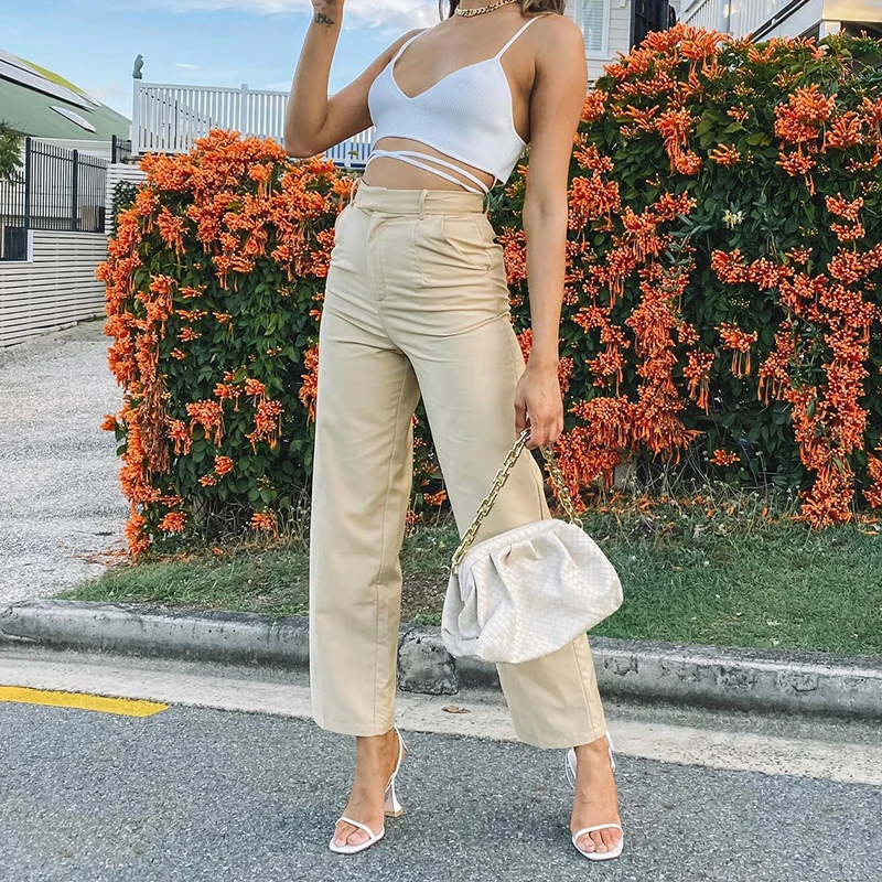 Oem Custom Manufacturer High Quality Casual Button Fly Side Pockets Solid Cigarette Straight Pants Trousers For Women