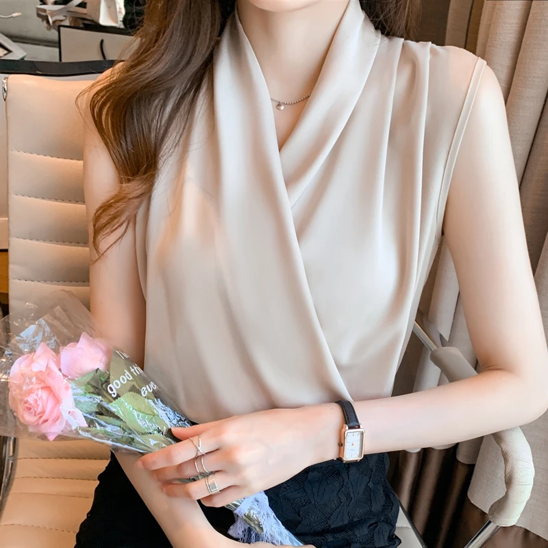 Womens Tops Blouses Solid Color White Satin Blouse Office Shirt Blusas 2024 Sleeveless Women Shirts Black White Female