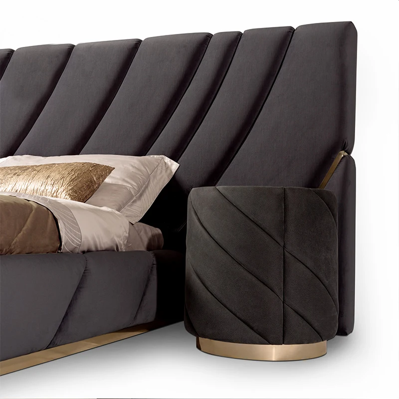 Итальянские современные новейшие дизайнерские кровати из мягкой кожи, размер King, 1,8 м, комплект двуспальной кровати, одеяло, мебель из искусственной кожи, Золотая легкая Роскошная спальня