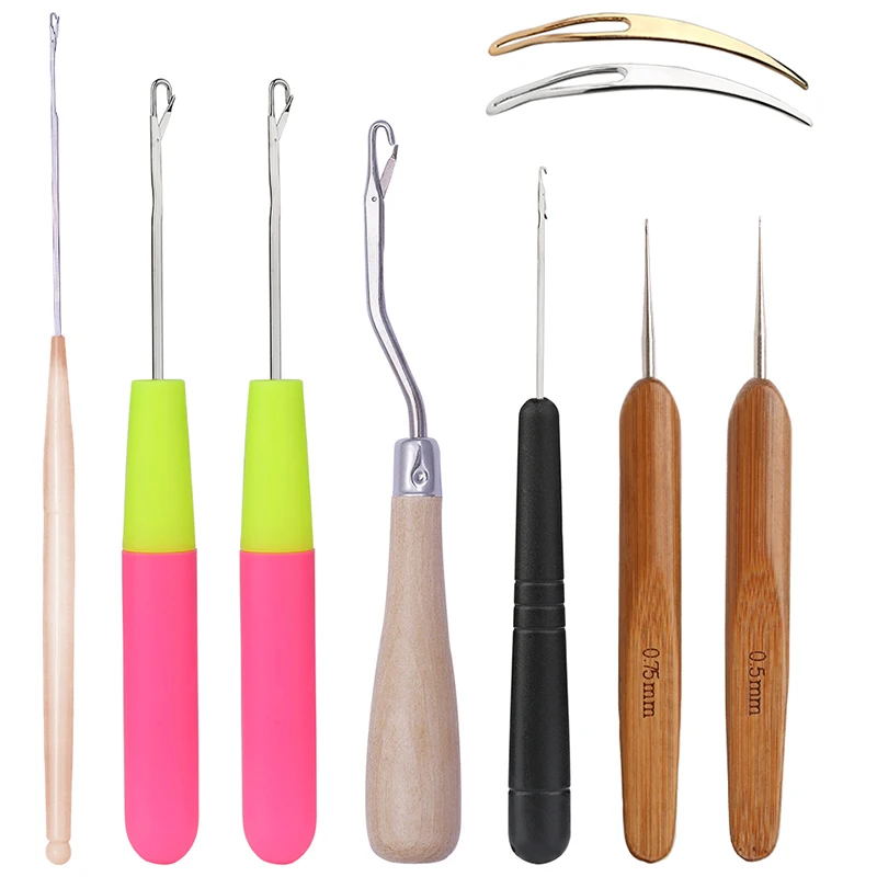 Kdaisy 9 PCS/SET Crochet Hook Set Wood Hair Weaving Crochet Needle for Braid Hair and Making Wig Hair Crochet Needle Weaving Set